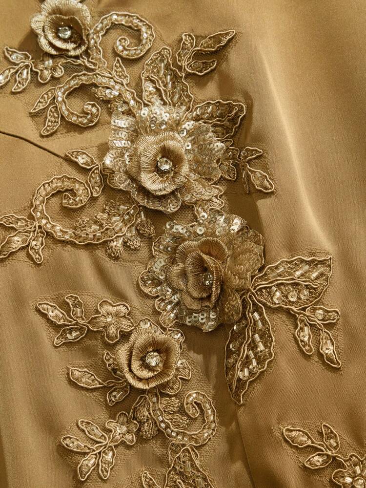 Women's Elegant Casual Long Dress, Floral Embroidery, Brown Glossy Fabric, Fashion Luxury, Suitable For Wedding, New Year Party, Holiday, Prom