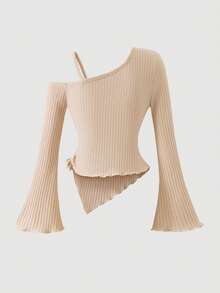 Sparklyn Girls' Apricot Ribbed Knit Asymmetric Hem Bell Sleeve Off Shoulder T-Shirt Set, Includes 1 T-Shirt And 1 Flared Pants, Comfortable And Versatile For Autumn - Apricot - View 4