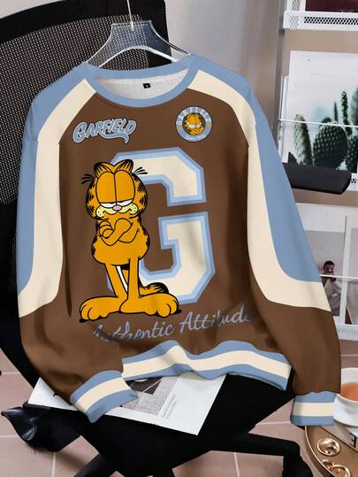 GARFIELD | SHEIN 女士休闲撞色猫咪印花圆领卫衣，秋季款