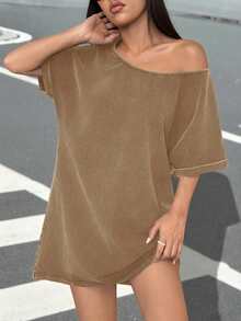 SHEIN EZwear Robe t-shirt ample au col asymétrique et style vintage délavé, style western festival de musique, pour l'été