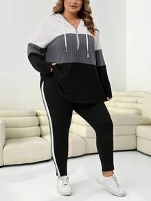 SHEIN CURVE+ 2 件套大码女式纯色撞色拉链连帽上衣和裤子休闲套装冬季服装 - 彩色 - 查看 5