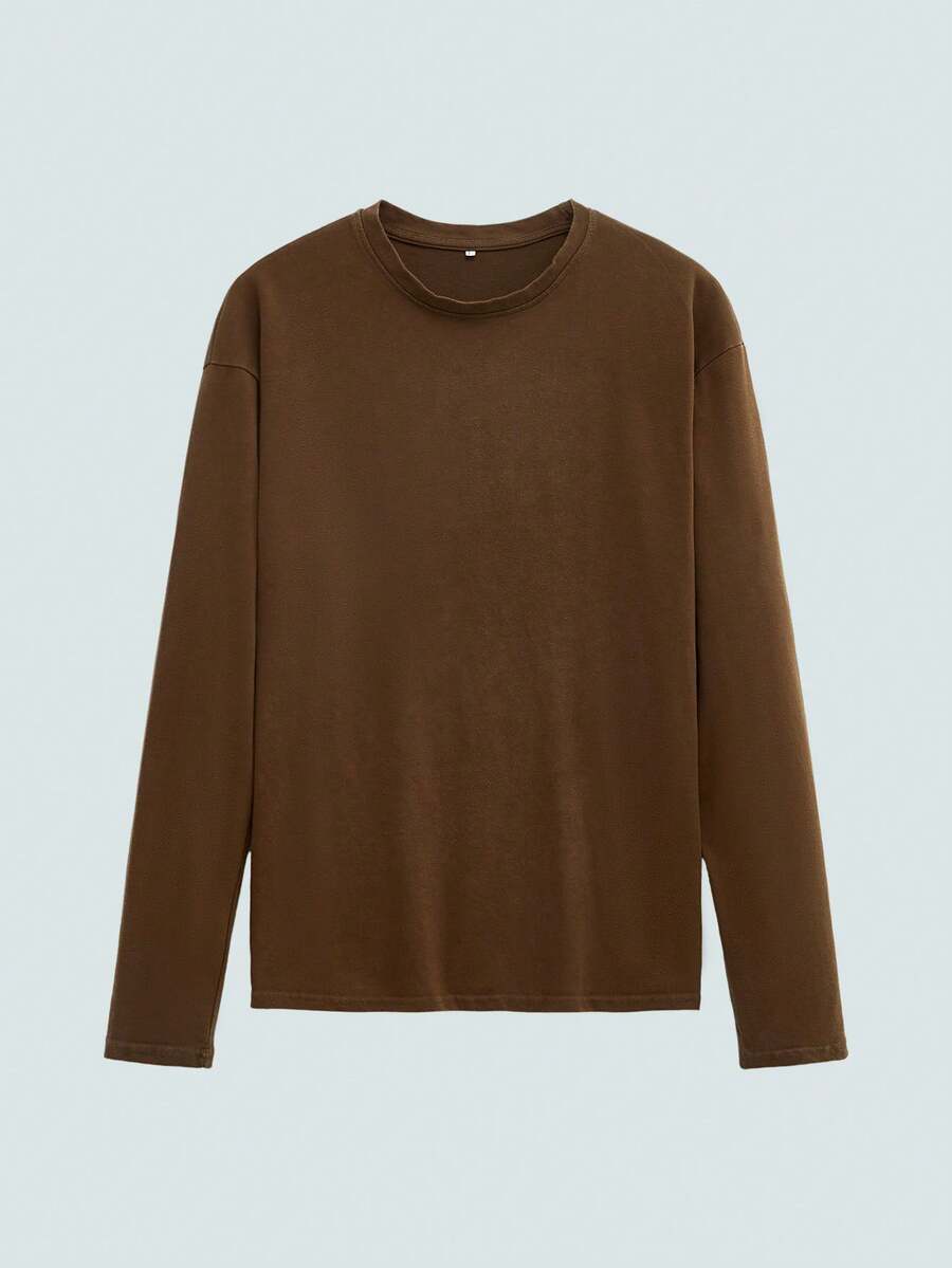 Modcrash 男士复古水洗“返校季”圆领长袖T恤，秋季款 - 咖啡棕 - 查看 1