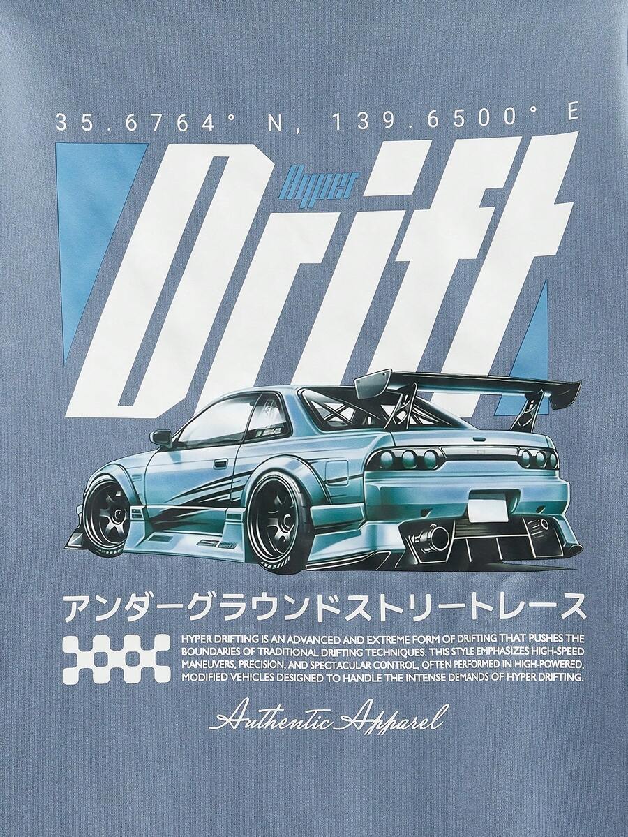 Modcrash 男士连帽衫，秋冬新品 | 街头漂移赛车印花黑色百搭连帽卫衣 - 淺藍色 - 查看 1