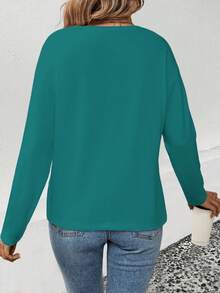 EMERY ROSE Camiseta feminina casual de manga comprida com decote em V e detalhes dourados contrastantes. - Verde-azulado - Ver 2