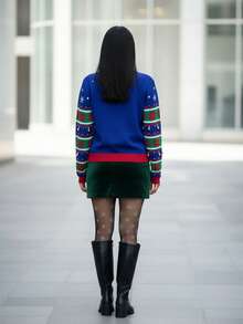 Mujer casual tejido suave diseño navideño con luces y adornos ajuste holgado cuello redondo manga larga otoño invierno uso diario suéter - Azul - Ver 2