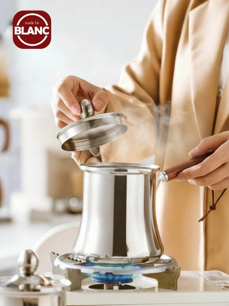 Stainless Steel Wood Handle Coffee Pot, Milk Pot, Outdoor Tea Kettle With Lid, Chocolate Melting Cup, Spill-Proof Mouth Coffee Pot, Tea Pot - Silver - View 1