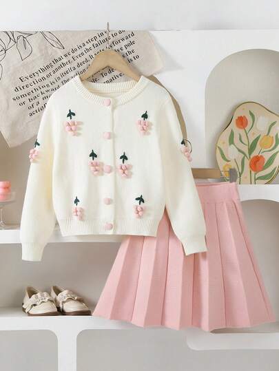 SHEIN Tween Girls Casual Chic Cute Soft Simple Elegant Knitted Sweater Set, 2 Pieces - Long Sleeve Cardigan And Pleated Skirt, Suitable For Home, Daily Outings, Parties, Autumn/Winter Girl Clothes Skirt Set Skirt Two Piece Set For Kids Girl Clothes Autumn And Winter Clothes Cherry Kids Outfit Girls Spring And Autumn Suit Girl S Spring And Autumn Suit