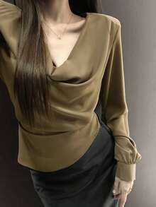 DAZY Unique Design Plunging Neck Long Sleeve Blouse For Women - Brown - View 9