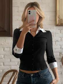 DAZY Women's Stylish Contrast Color 2 In 1 Button-Front Long Sleeve Fitted T-Shirt - Black - View 7
