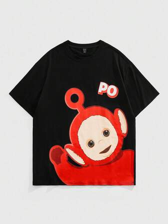 Teletubbies X ROMWE Camiseta de manga corta holgada con gráfico de letra de dibujo animado casual y cómoda para uso diario y viajes, verano
