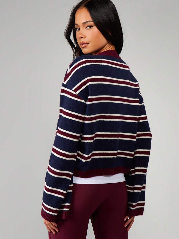 MISSGUIDED Horizontal Striped Button Front Knit Cardigan With Ribbed Trim Long Sleeve Open Front Fall Winter Layering Essential
