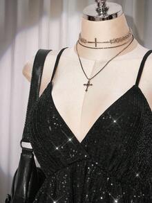 SHEIN ICON 大码女式纯色亮片荷叶边优雅时尚吊带衫 - 黑色 - 查看 6