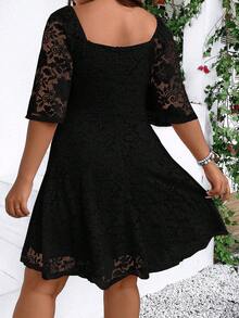 SHEIN PETITE CURVE Plus Size Women Casual Solid Color Waist Cinched Dress - Black - View 2