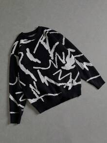 Manfinity ZONE917 Men Graphic Pattern Drop Shoulder Sweater, For Fall Winter - Black - View 1