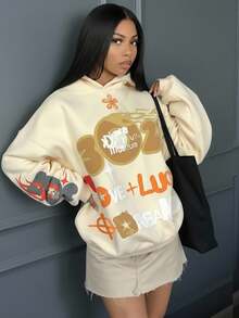 Rovax Women's Letter Print Drop Shoulder Long Sleeve Casual Loose Sweatshirt, Autumn/Winter, Christmas - Khaki - View 3