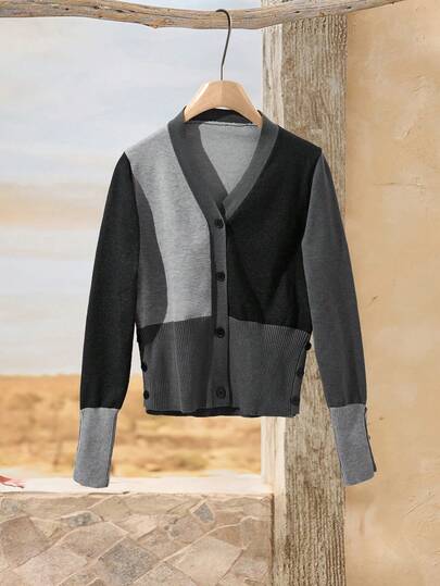 EMERY ROSE 女士撞色针织休闲长袖单排扣开衫、长袖上衣、秋冬针织毛衣