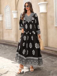 EMERY ROSE 女士印花V领灯笼袖休闲连衣裙波西米亚风夏季连衣裙女装波西米亚风女装度假连衣裙长袖长款连衣裙女装波西米亚风长款连衣裙 - 彩色 - 查看 6