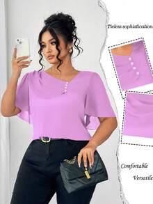 Elenzga 大码不对称荷叶边领纽扣装饰短袖优雅衬衫 - 淡紫色 - 查看 1