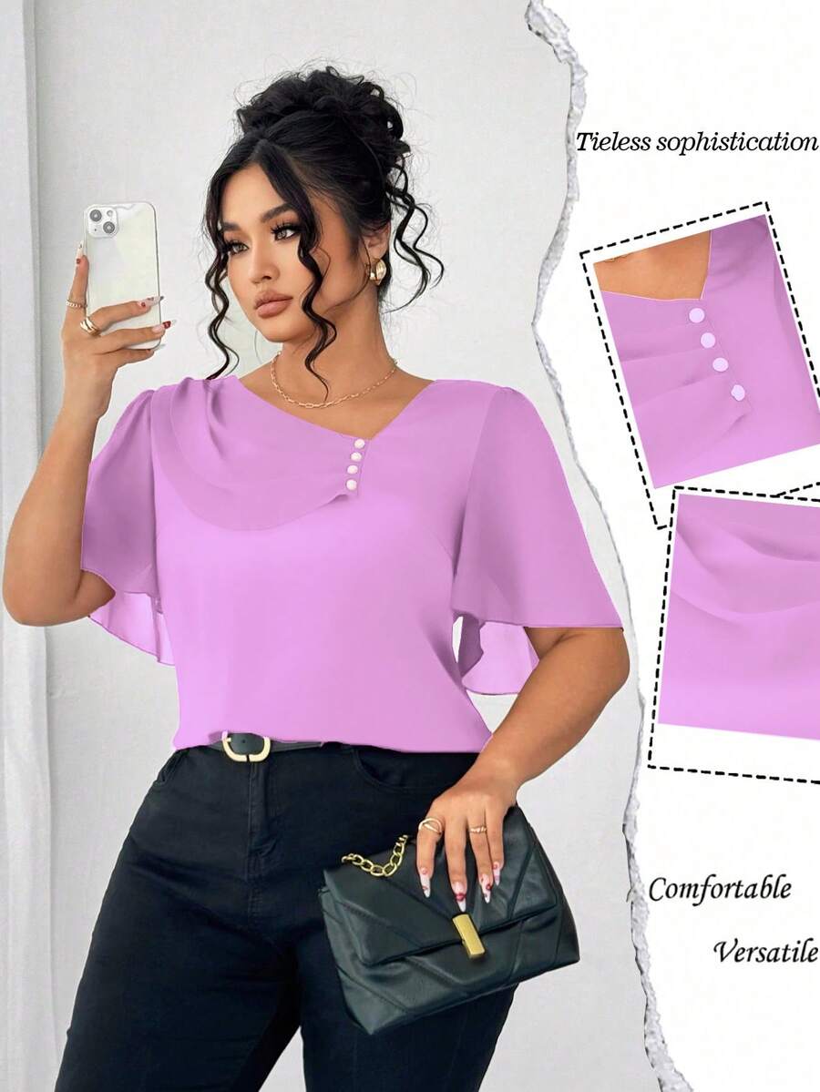 Elenzga 大码不对称荷叶边领纽扣装饰短袖优雅衬衫 - 淡紫色 - 查看 1