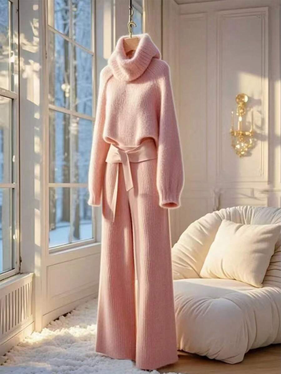 GlowEve 女士时尚高领长袖毛衣，腰部蝴蝶结阔腿裤两件套 - 淺粉色 - 查看 1