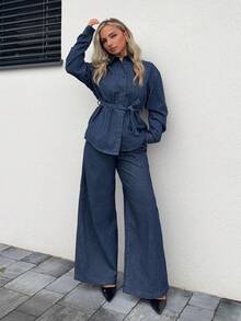 Jeta Ari Bộ 2 món áo sơ mi denim dài tay kèm thắt lưng và quần jean denim cho nữ, quần áo mùa thu - Rửa tối - Xem 1