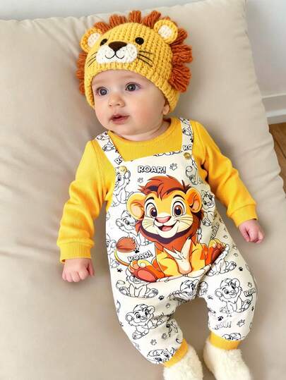 SHEIN Babypojke/flicka babylejontryck långärmad jumpsuit, bekväm mångsidig avslappnad söt lejondesign baskläder, lämplig för inomhus, utomhus, vardagskläder, sport, lek, fest, fotografering, festival, halloween, jul, nyår, höst/vinter