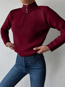 SHEIN Tall Áo len trơn màu cơ bản cỡ lớn có khóa kéo nửa - Màu Đỏ Sâu - Xem 3