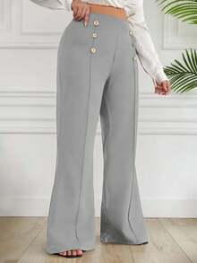 EURMUSE Plus Size Double Breasted Decorative Flared Trousers - Light Grey - View 3