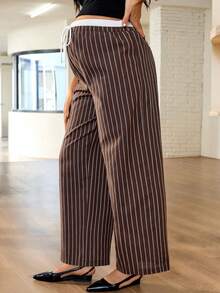 MaterniWear 春季女士办公商务孕妇工作裤，可调节腰围条纹阔腿宽松休闲裤，适合孕妇穿着，阔腿裤条纹裤棕色棉质抽绳腰裤棕色家居裤棉质裤女士下装 - 棕色 - 查看 4