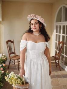 SHEIN MOD 加大码白色露肩露背系带设计，宫廷风连衣裙，优雅长裙 - 白色 - 查看 9