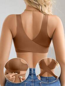 1pc Women Seamless No Padding Elegant Breathable Comfortable Crisscross Back Bandeau Bra - Chocolate Brown - View 2