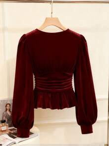 Franclia 优雅纯色泡泡袖V领收腰长袖T恤 - 酒紅色 - 查看 2