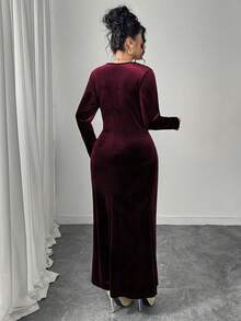 Modelyn Elegant Velvet Draped Neck Long Sleeve Fitted Regular Plus Size Dress, Spring/Autumn - Burgundy - View 2