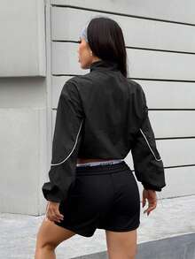 Dewbera 女士秋冬风衣外套，撞色抽绳腰带，拉链短款运动休闲外套 - 黑色 - 查看 2