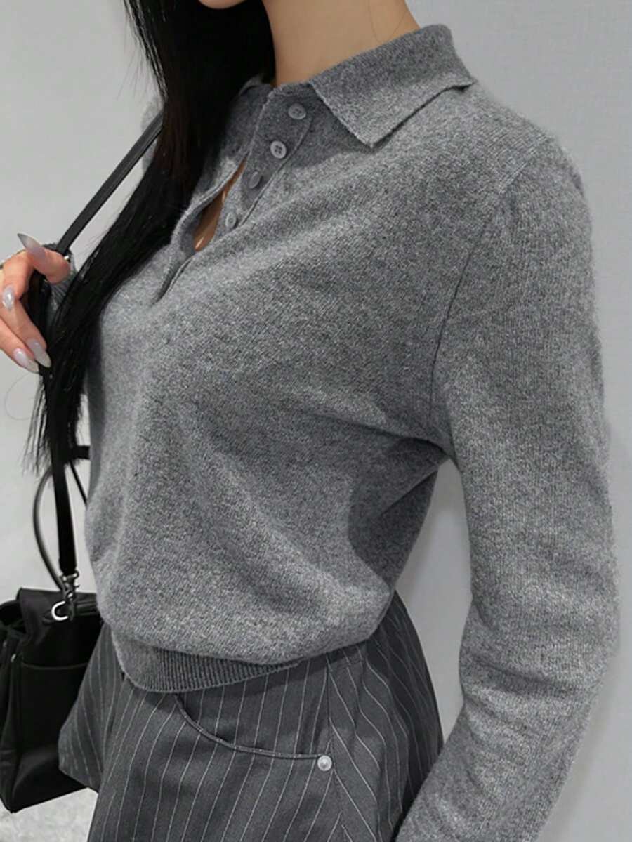 DAZY 舒适高档翻领秋冬优雅短款高领毛衣（女款） - 灰色 - 查看 1