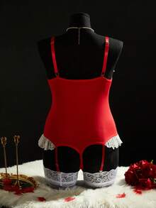 SpicyHot 2 Peças Bodysuits Sexy e Atraentes Plus Size com Recorte Vazado, Borda Pregueada e Contraste de Cores, Ideal para o Natal - Vermelho - Visão 2