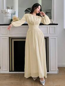 Modelyn Women's Elegant Solid Color Cinched Waist Dress, Suitable For Parties - Apricot - View 3