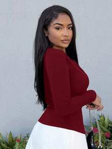 Alexandranx Ribbed Button Through Long Sleeve Crew Neck Top Casual Vacation Airport Holiday Fall Winter Christmas Elegant - Burgundy - View 5