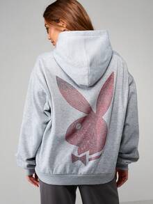 Missguided x Playboy Áo nỉ chui đầu đính kim cương cỡ lớn cho phong cách thời trang thoải mái thường ngày và dạo phố - Xám - Xem 2