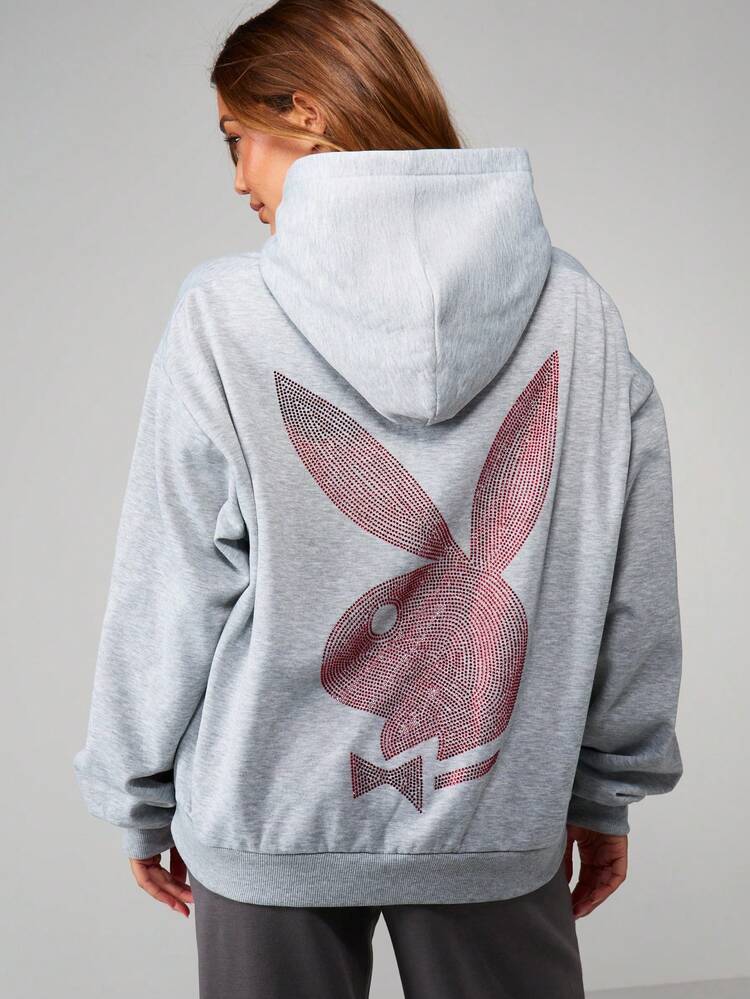 Missguided x Playboy Oversized Diamante Embellished Pullover Hoodie Sweatshirt For Casual Comfort And Streetwear Fashion Style