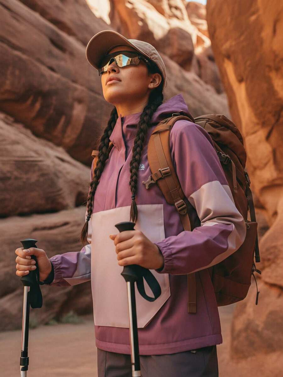 In My Nature Chaqueta cortavientos con capucha y parches de colores contrastantes para mujer - Rosa - Ver 1