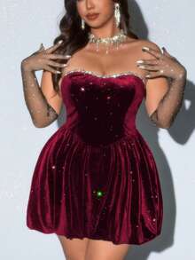 Viva Relle 大码性感无肩带褶皱荷叶边连衣裙 - 酒紅色 - 查看 5