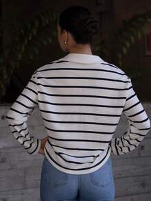 Andrea Bello 条纹休闲宽松日常百搭长袖女式T恤 - 黑與白 - 查看 2