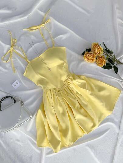 INAWLY Summer Casual Solid Color Lace-Up Hollow Sexy Dress