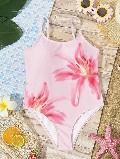 SHEIN Travachic KIDS Tropical Hibiscus & Althea Floral Design, Tween Girls Casual Simple Cami One-Piece Swimsuit, Suitable For Summer Beach Vacation, "Coconut Girl, Chill Summer"