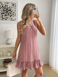 Easowa 红白格子荷叶边下摆无袖圆领女式迷你连衣裙 - 紅白色 - 查看 3