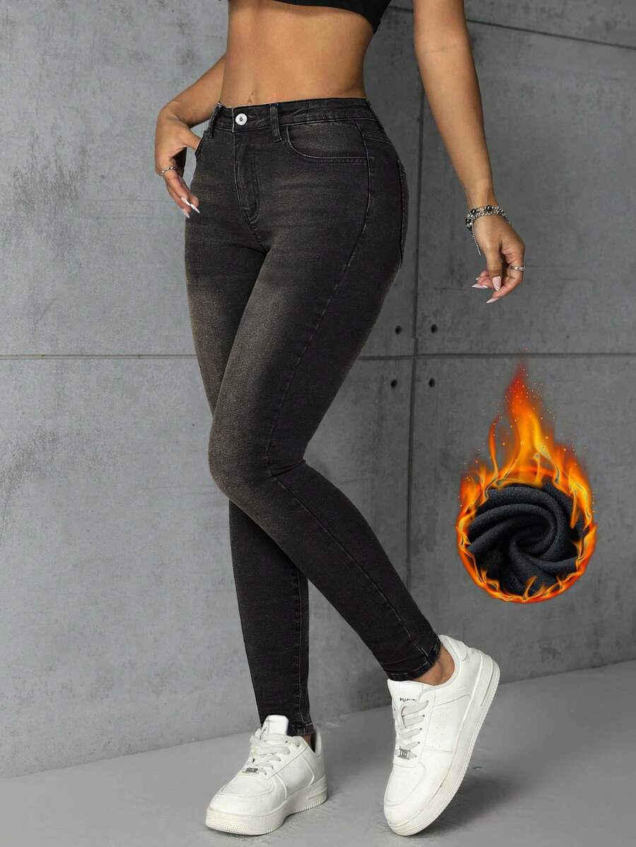 SHEIN ICON Casual Washed Slim Fit Denim Jeans, Autumn/Winter - Black - View 1