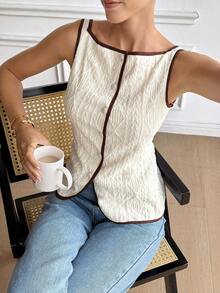 Serisse 女士几何纹理单排扣休闲百搭上衣，复古撞色无袖滚边上衣，3D格纹面料，米白色上衣，修身显瘦背心，女士无袖上衣，女士背心，针织上衣，夏季女士上衣，优雅女士上衣，夏季女士上衣，外出上衣，海滩女士上衣，度假女士上衣，夏季假期女士度假上衣 - 杏色 - 查看 7