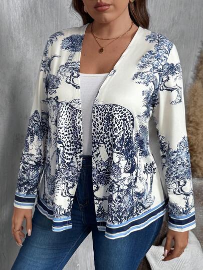 EMERY ROSE Plus Size Women Leopard Print Long Sleeve Open Front Jacket, Suitable For Outerwear In Spring, Summer And Autumn