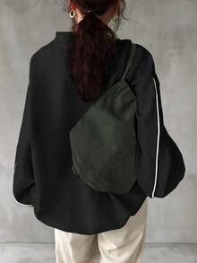 FRIFUL Women Casual Color Block Ribbed Trim Loose Sweatshirt, Autumn/Winter - Black - View 3